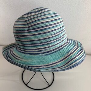 Striped Woven Paper Straw Sun Hat Turquoise Blue White Beach Bucket Cloche Hat